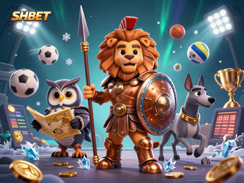 SHBET offers exciting betting opportunities with dynamic sports themes and characters in a vivid scene.