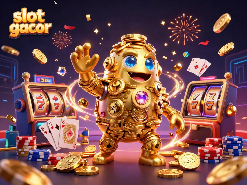 Engage with thrilling slot gacor moments captured in a vibrant 3D illustration of golden golem and dynamic casino elements.