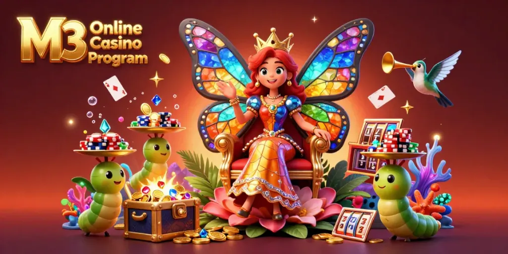 Visualizing the M3 Online Casino Affiliate Program with a vibrant fantasy illustration of a butterfly queen, casino chips, and artistic gems.