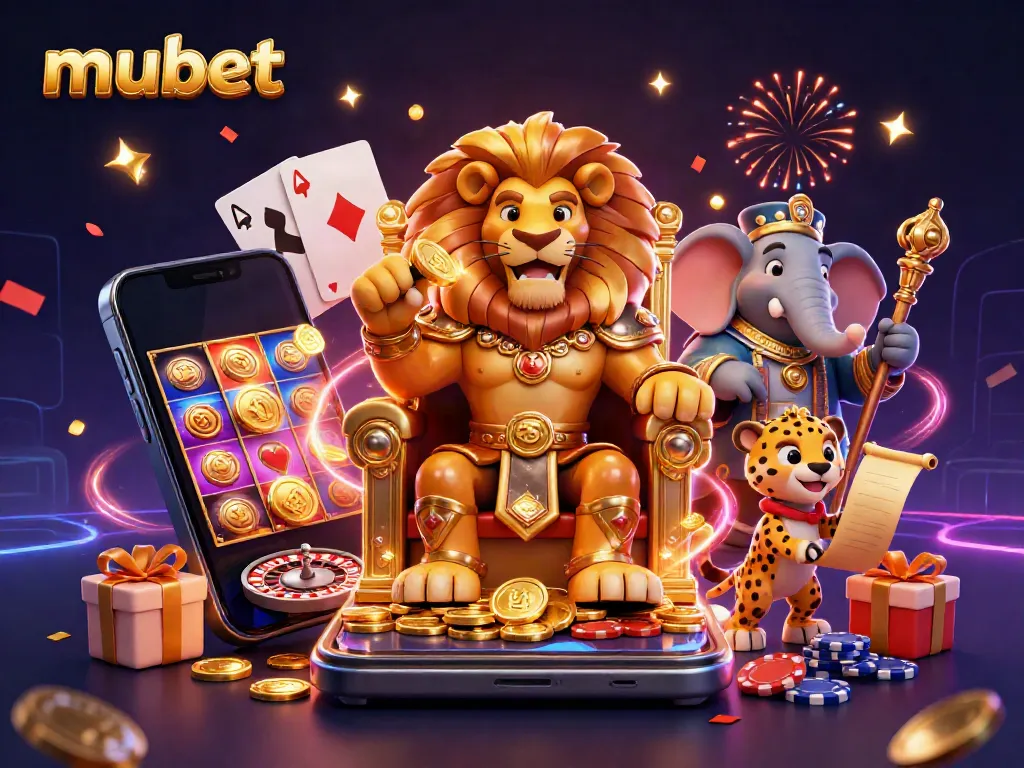 Experience vibrant gaming action with mubet in this casino scene featuring a regal lion and dynamic elements.
