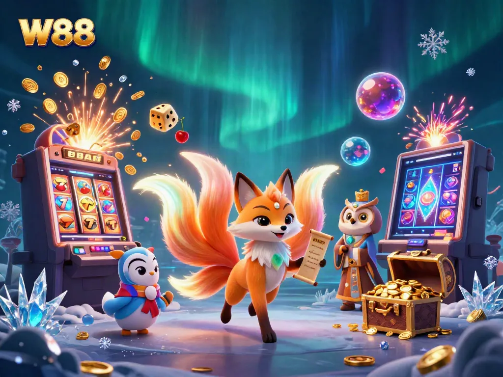 W88 vibrant casino scene showing colorful nine-tailed fox and owl alongside a slot machine jackpot.