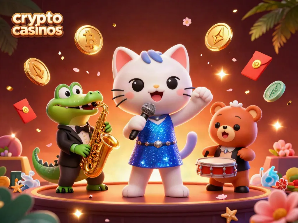 Engage with the vibrant world of crypto casinos featuring a jazz-singer cat, saxophone crocodile, and drum-playing bear cub.
