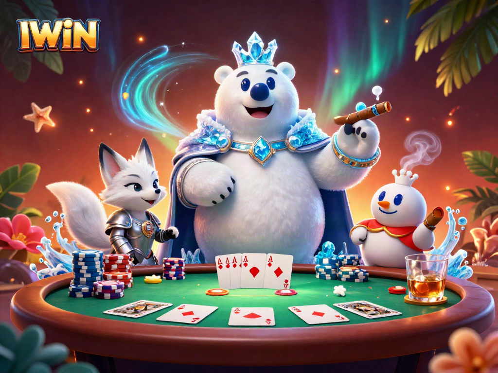 IWIN players strategizing at a vibrant poker table with dynamic energy and immersive elements