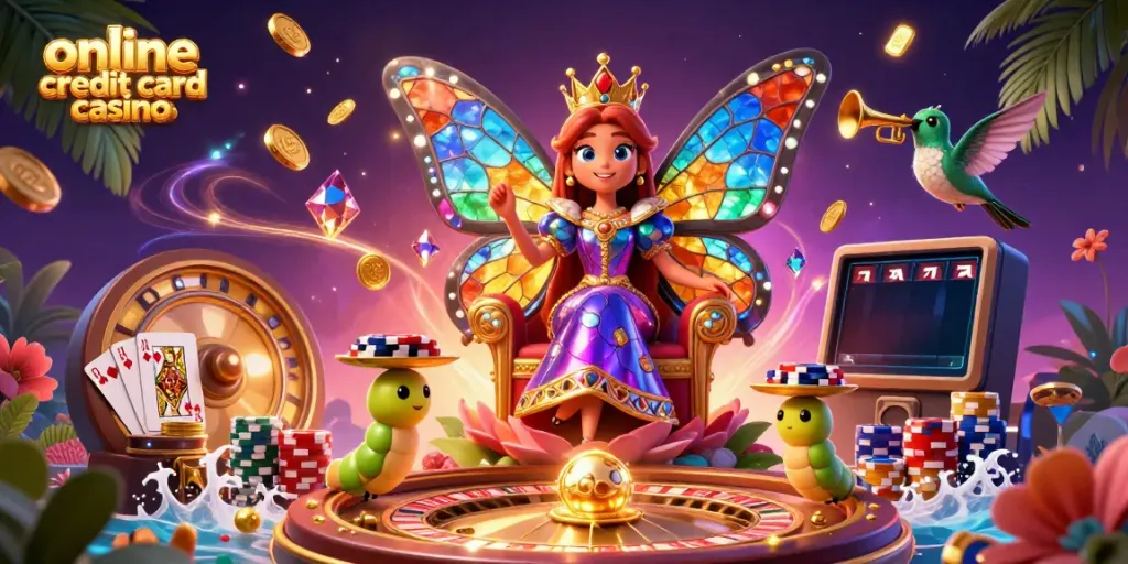 Experience the excitement of online credit card casinos with vibrant illustrations of gaming treasures.