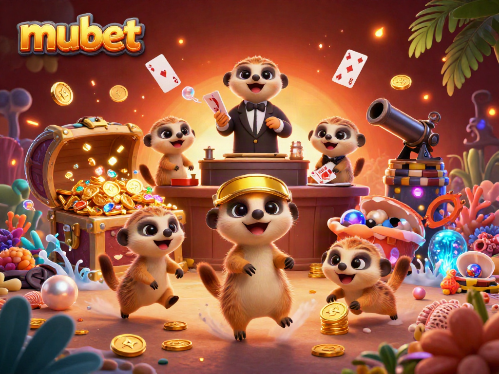 Engaging meerkats managing a vibrant casino scene for mubet, showcasing dynamic gambling elements.