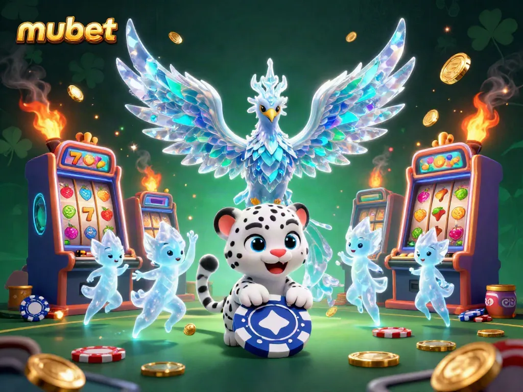 Experience the thrill of mubet with a vibrant scene showcasing a mythical ice phoenix and playful characters in a casino setting.