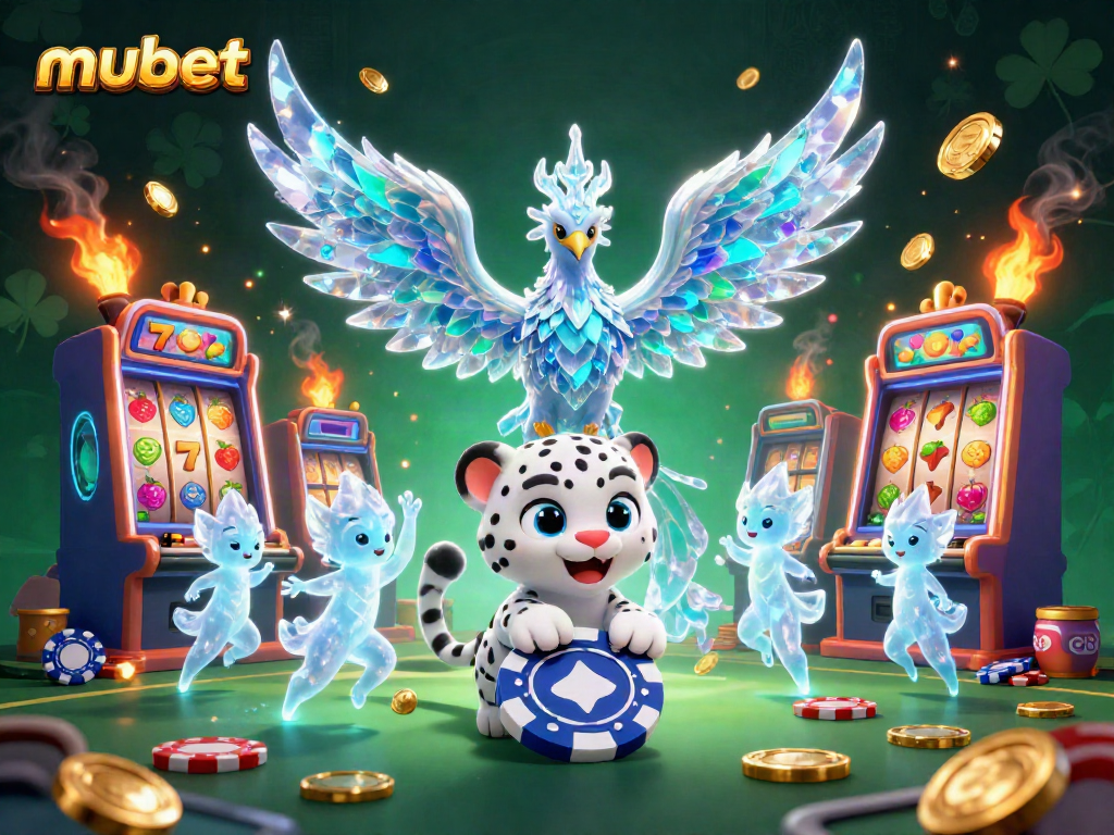 Experience the thrill of mubet with a vibrant scene showcasing a mythical ice phoenix and playful characters in a casino setting.