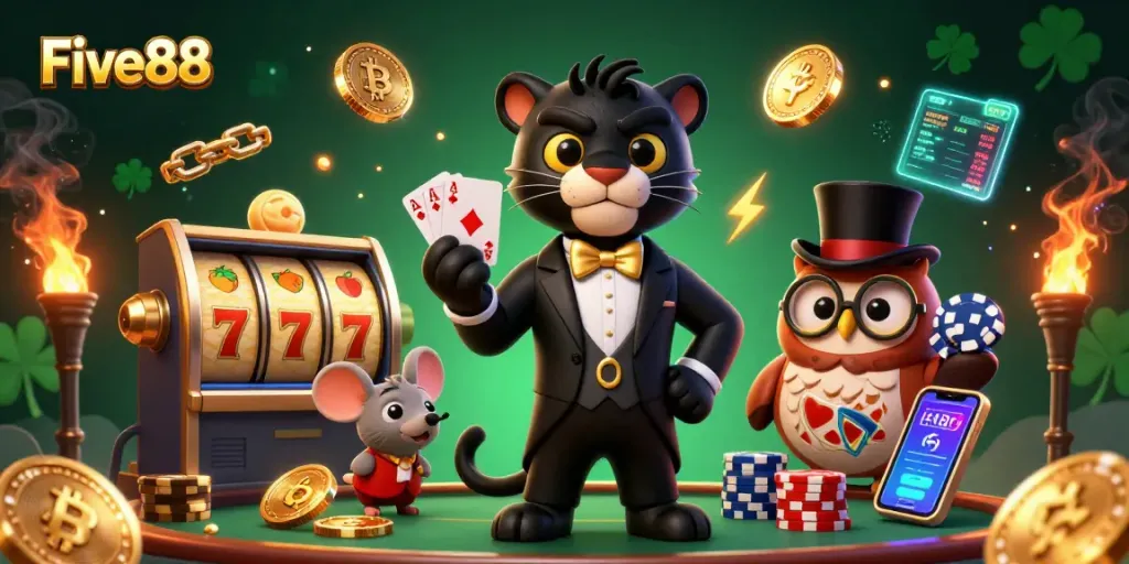 Five88 showcases a vibrant, animated casino scene with a panther dealer, owl assistant, and lucky mouse.