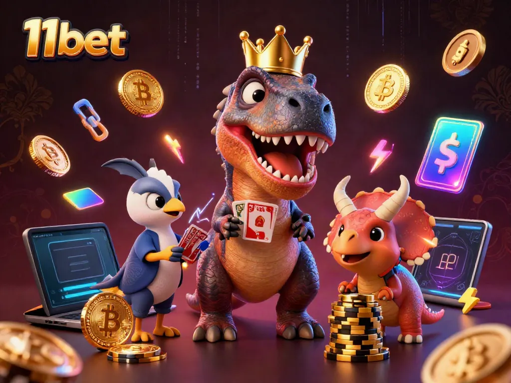 Experience thrilling card shuffling with 11bet in this vibrant 3D casino scene featuring a T-Rex and friends.