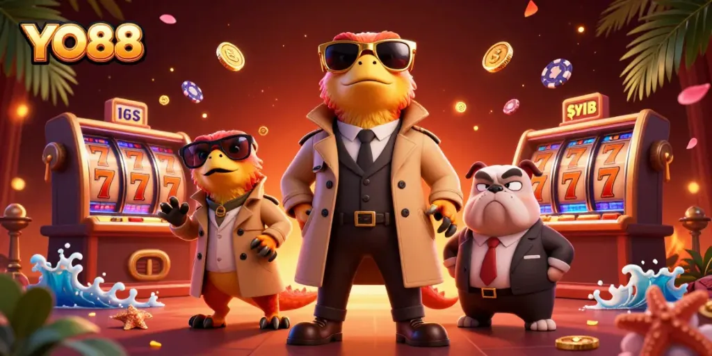 Experience the thrill of YO88 with unique cartoon raptors entering a VIP lounge amidst exciting casino elements.