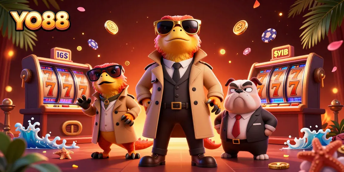 Experience the thrill of YO88 with unique cartoon raptors entering a VIP lounge amidst exciting casino elements.