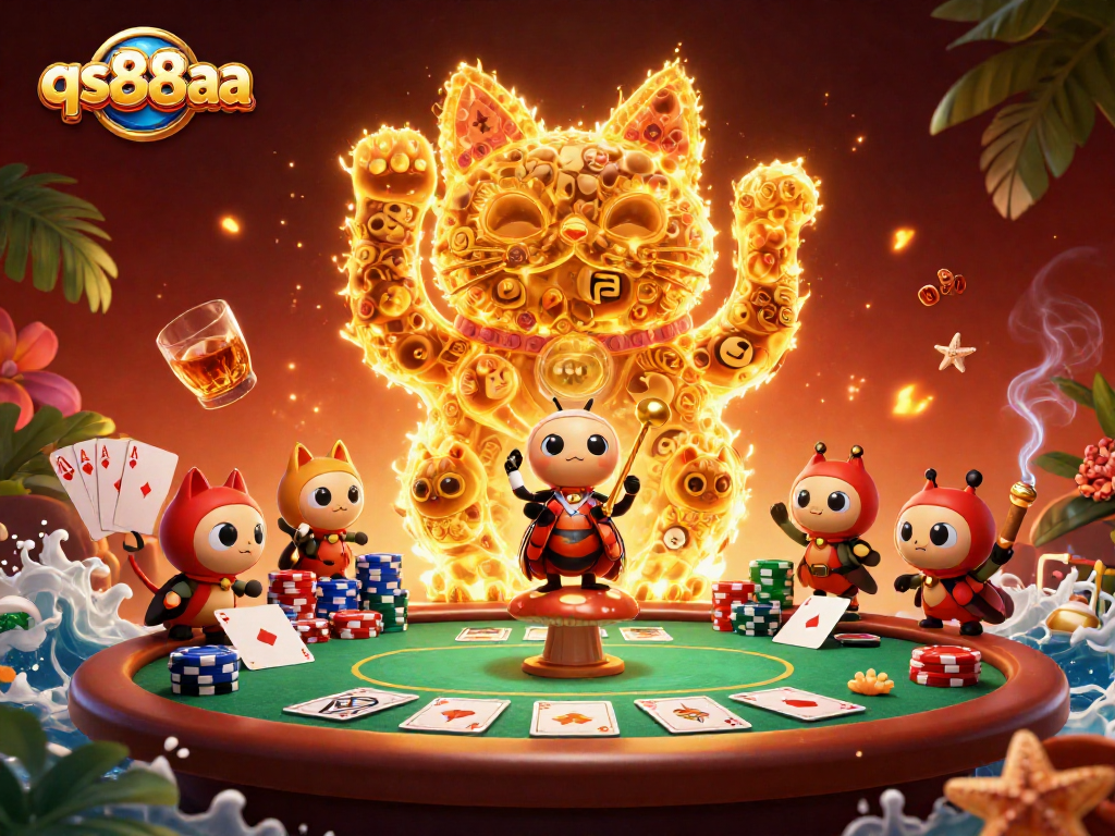 Engage with qs88aa's vibrant casino experience through a dynamic scene featuring lucky cat and poker elements.