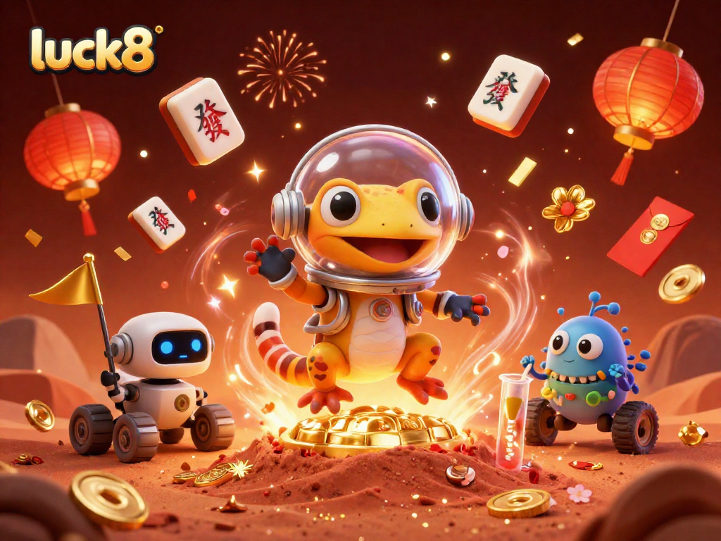 Join the luck8 adventure as the Martian gecko and robot celebrate a golden casino discovery!