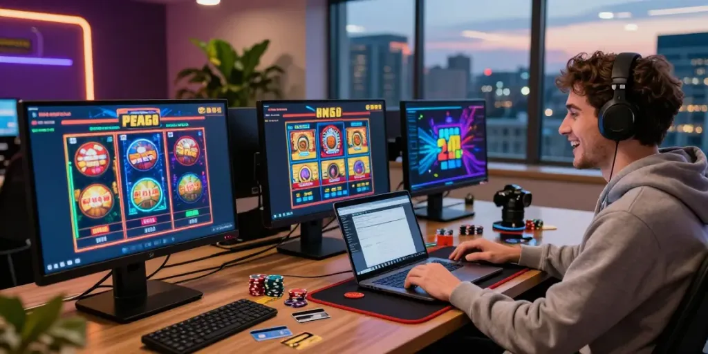Engaging scene of a player at best credit card casinos featuring vibrant games and cards.