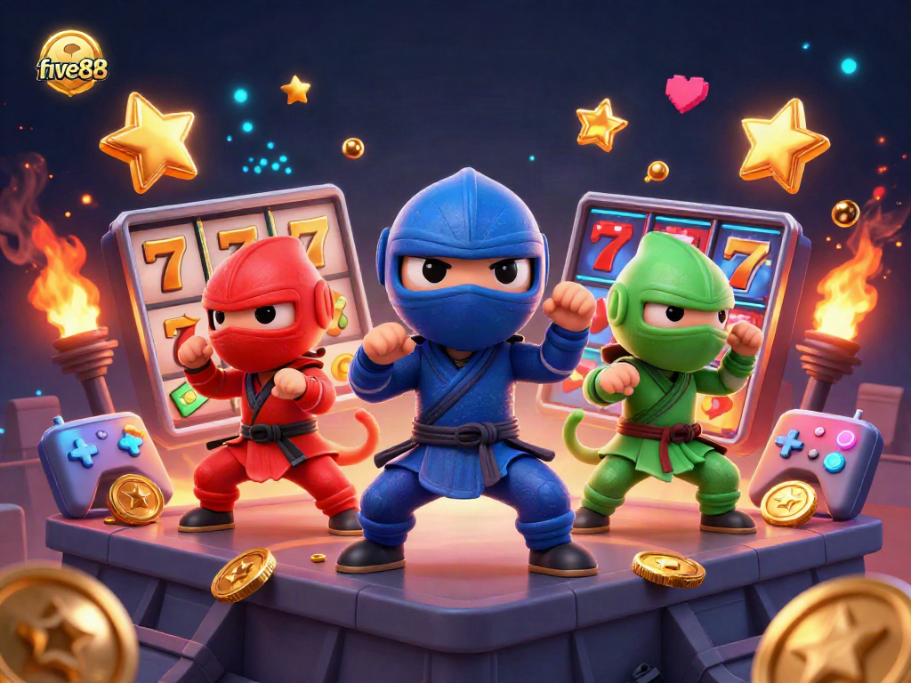 Experience exciting slots and jackpots at five88 with ninja chameleons in action among colorful game elements.