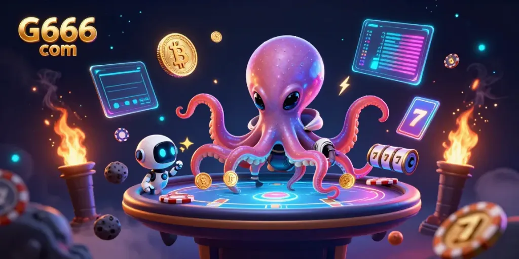 Experience the thrilling gameplay of G666 com with a vibrant scene featuring a cartoon alien octopus and poker elements.