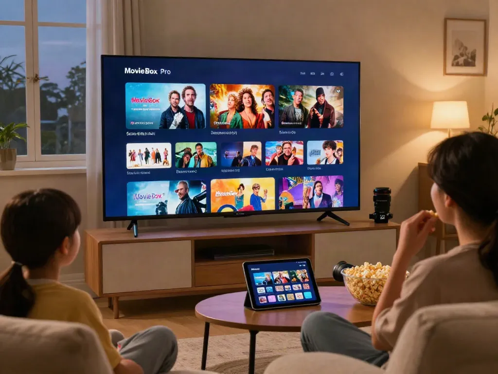 Engaging living room scene with family enjoying the MovieBox app, showcasing vibrant TV interface and cozy ambiance.