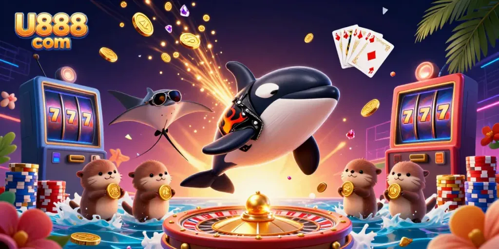 Experience exciting winnings at U888 com with lively sea creatures symbolizing thrilling online gaming.