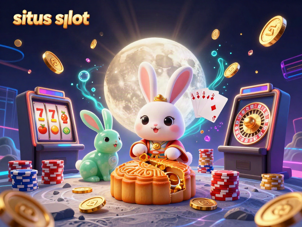 Engage in situs slot with a vibrant scene featuring moon rabbits, golden coins, and slot machines.
