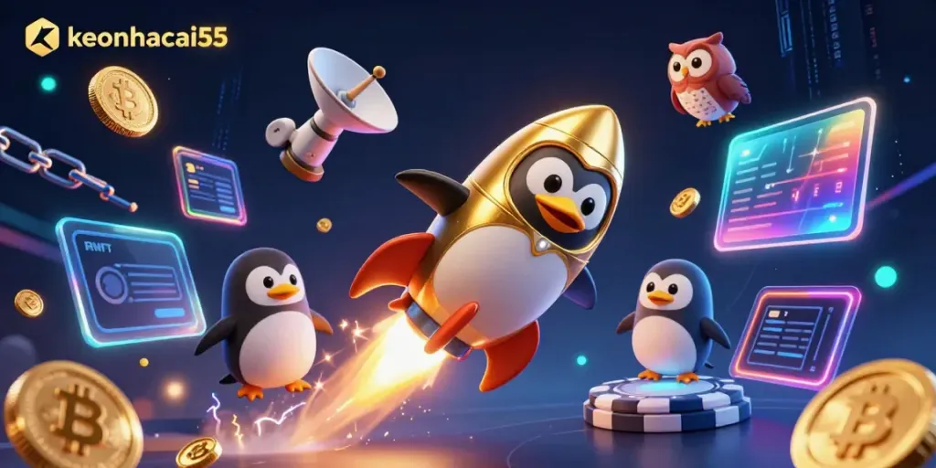 Engage with keonhacai55 through a roaring penguin rocket amidst vibrant casino-themed crypto graphics.