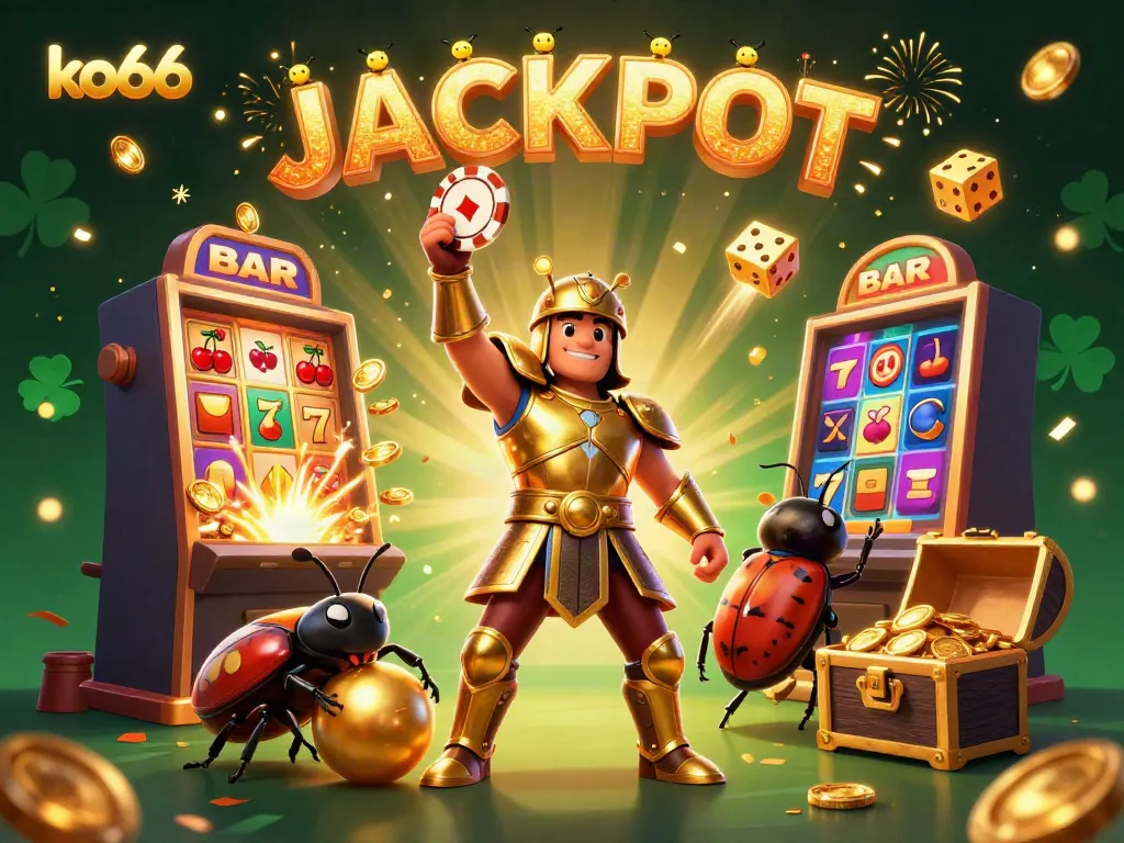 Experience the thrill of gaming at ko66 with a dynamic casino scene featuring winning characters and jackpot symbols.
