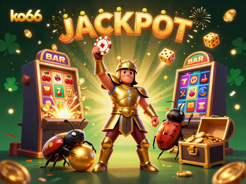 Experience the thrill of gaming at ko66 with a dynamic casino scene featuring winning characters and jackpot symbols.