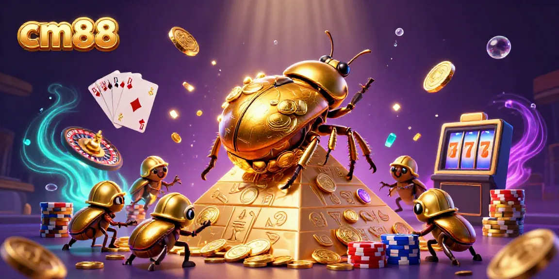 Experience exciting gameplay with cm88 as a golden dung beetle rolls coins up a pyramid in a dazzling casino scene.
