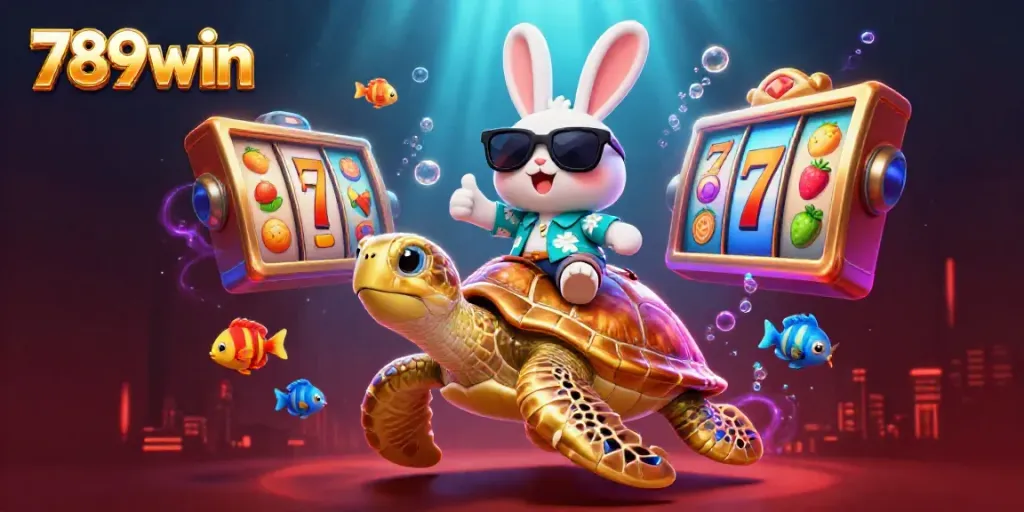 Experience the thrilling world of 789win with our lucky rabbit and golden turtle amidst vibrant slot elements.