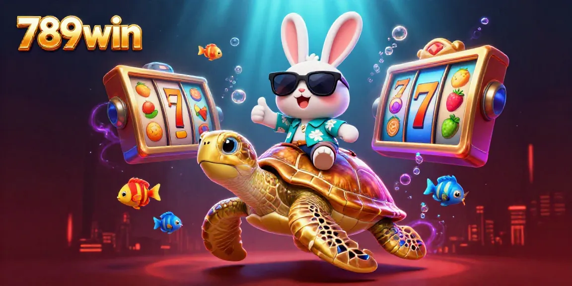 Experience the thrilling world of 789win with our lucky rabbit and golden turtle amidst vibrant slot elements.