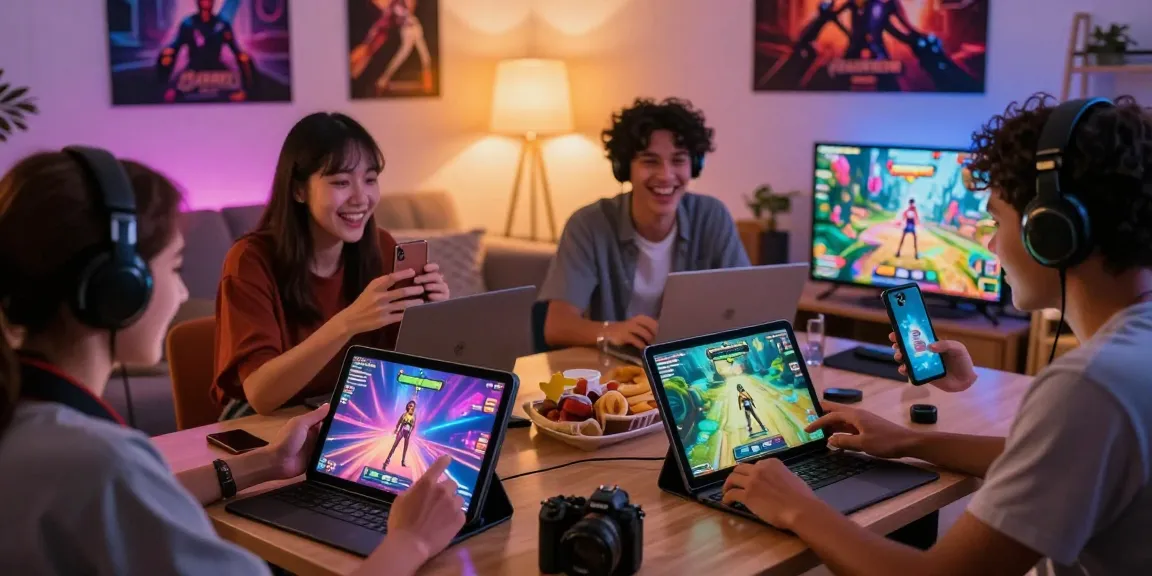 Engaging game porn scene with diverse players enjoying adult games on devices in a cozy setting.