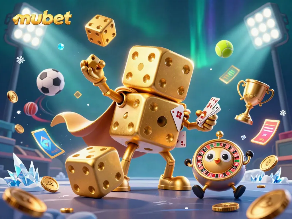 Join the excitement with mubet at this vibrant 3D casino scene featuring golden dice and trophy elements.