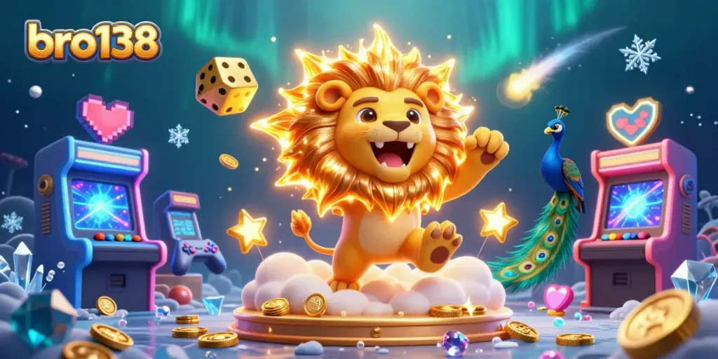 Experience exciting gameplay at bro138 with a roaring lion mascot surrounded by casino elements.