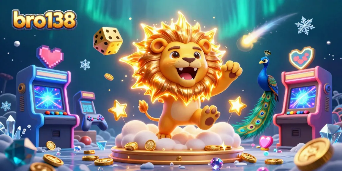 Experience exciting gameplay at bro138 with a roaring lion mascot surrounded by casino elements.