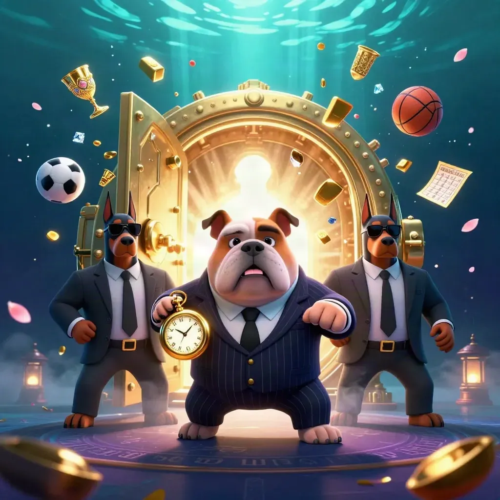 Bulldog crime boss and Dobermans burst from a vault with gold, gems and sports balls in neon light