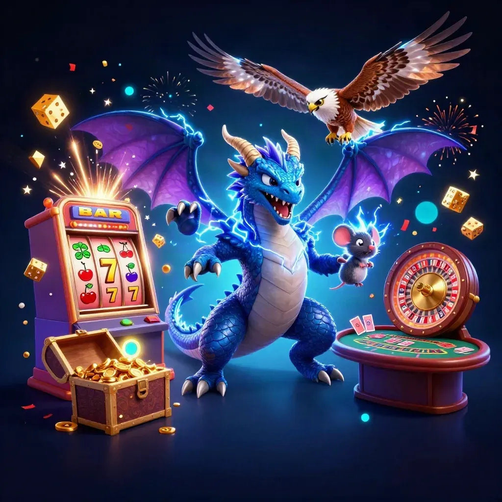 Thunder dragon, hawk, and mouse amid exploding slot-machine treasure and neon casino effects