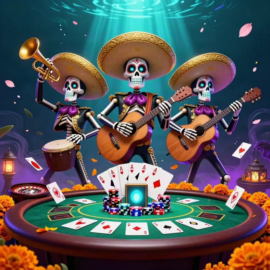 Cyan skeleton mariachi trio surrounded by chips, cards, roulette, and neon casino glow