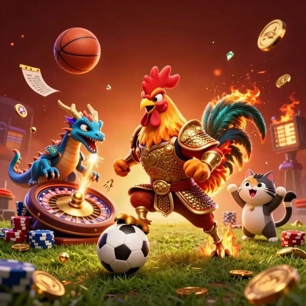 Rooster warrior, dragon hatchling, fortune-cat, casino chips, coins, soccer ball and basketball in explosive neon action.