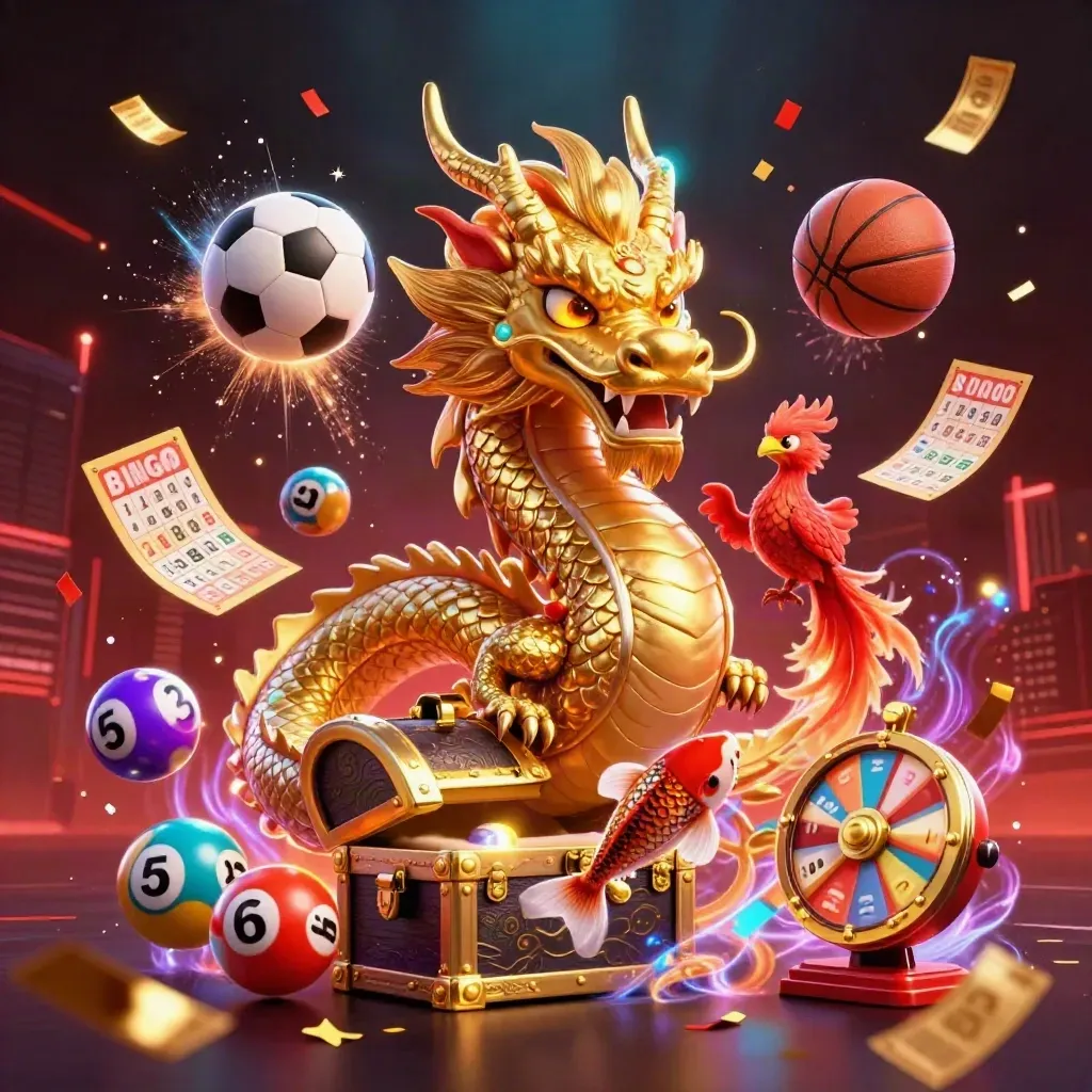 Golden dragon, phoenix, koi, casino props, and sports balls in a neon fantasy burst.