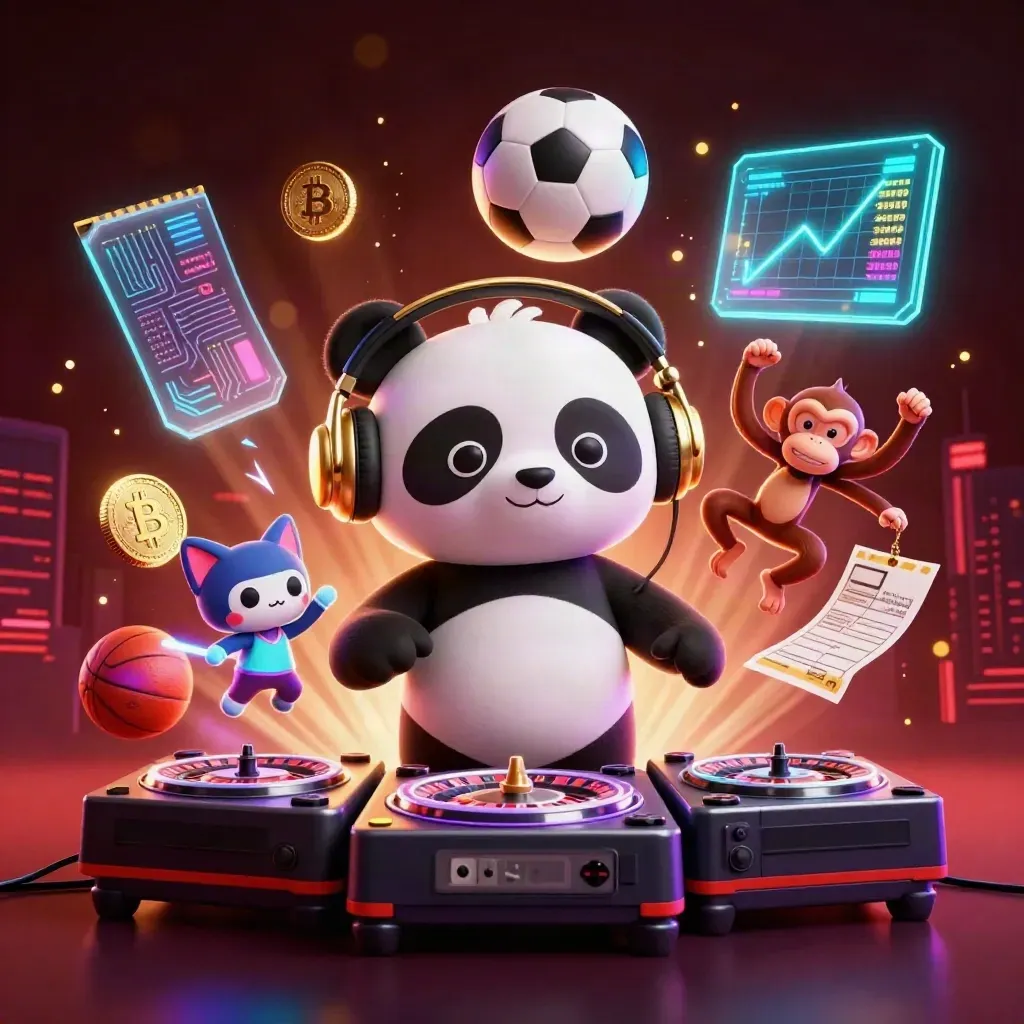 DJ panda, breakdancing monkey, and glow-stick kitten amid neon sports balls and casino effects.