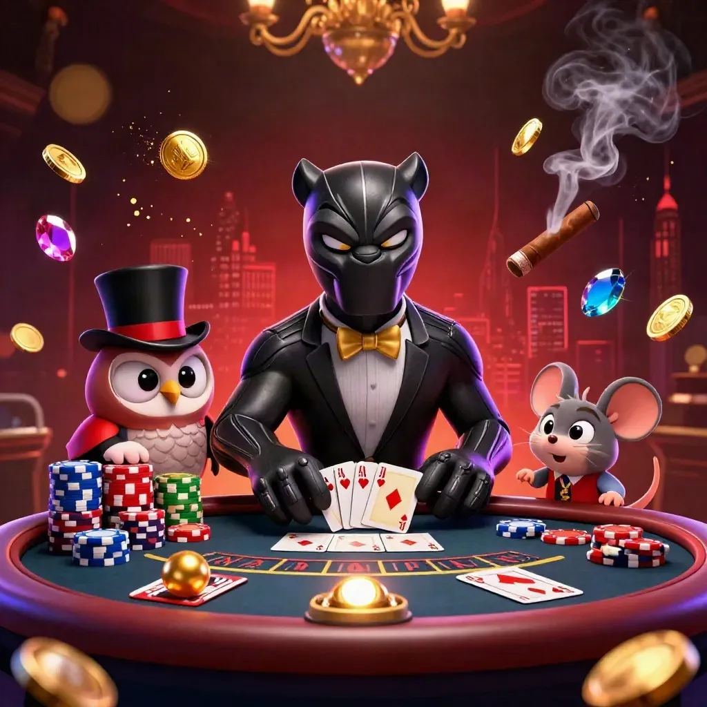 Black panther dealer, owl and mouse in a neon casino with coins, chips and a spinning roulette wheel.