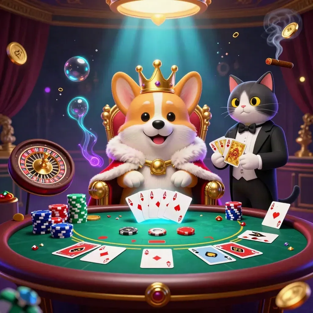 Royal corgi king and cat butler in a neon casino room with chips, cards, chandelier glow, and gold accents.