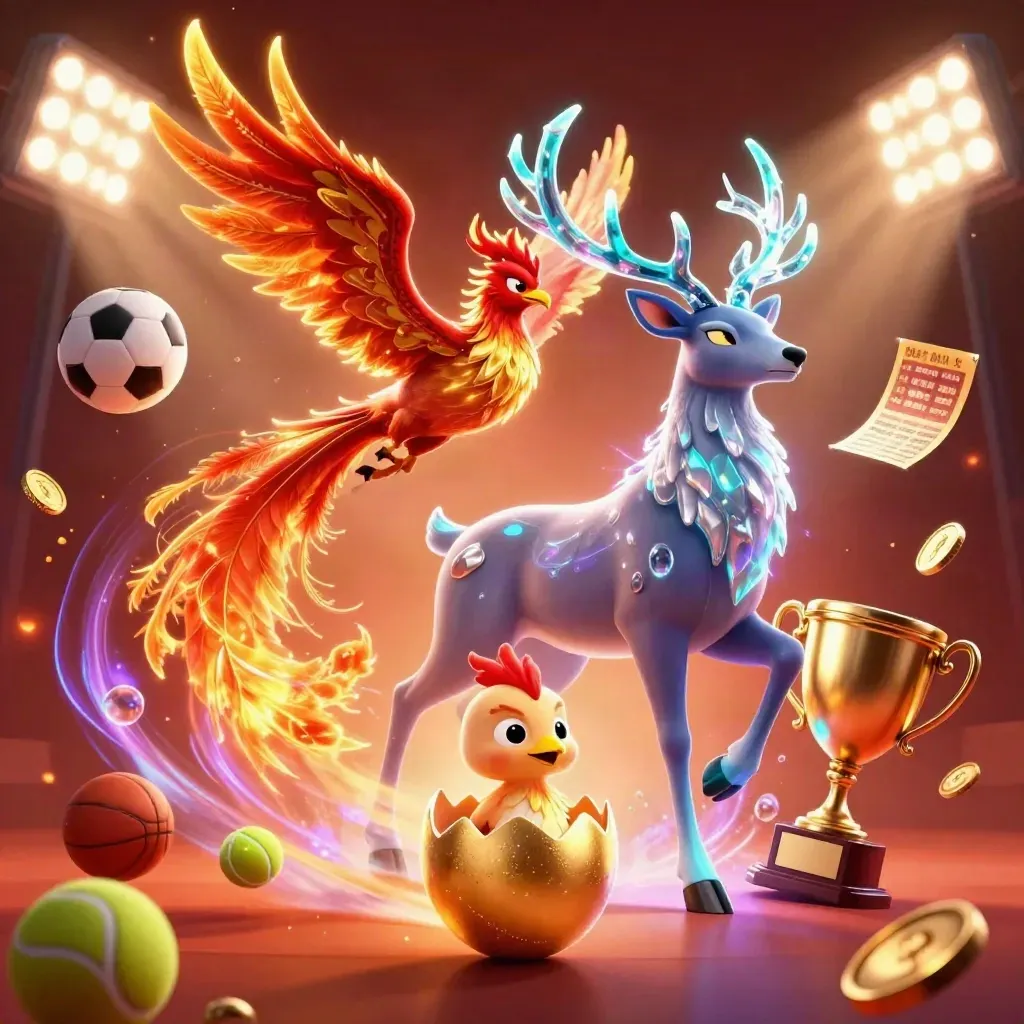 Fire phoenix, hatching chick, crystal stag, flying sports balls and glowing casino lights in a fiery neon burst