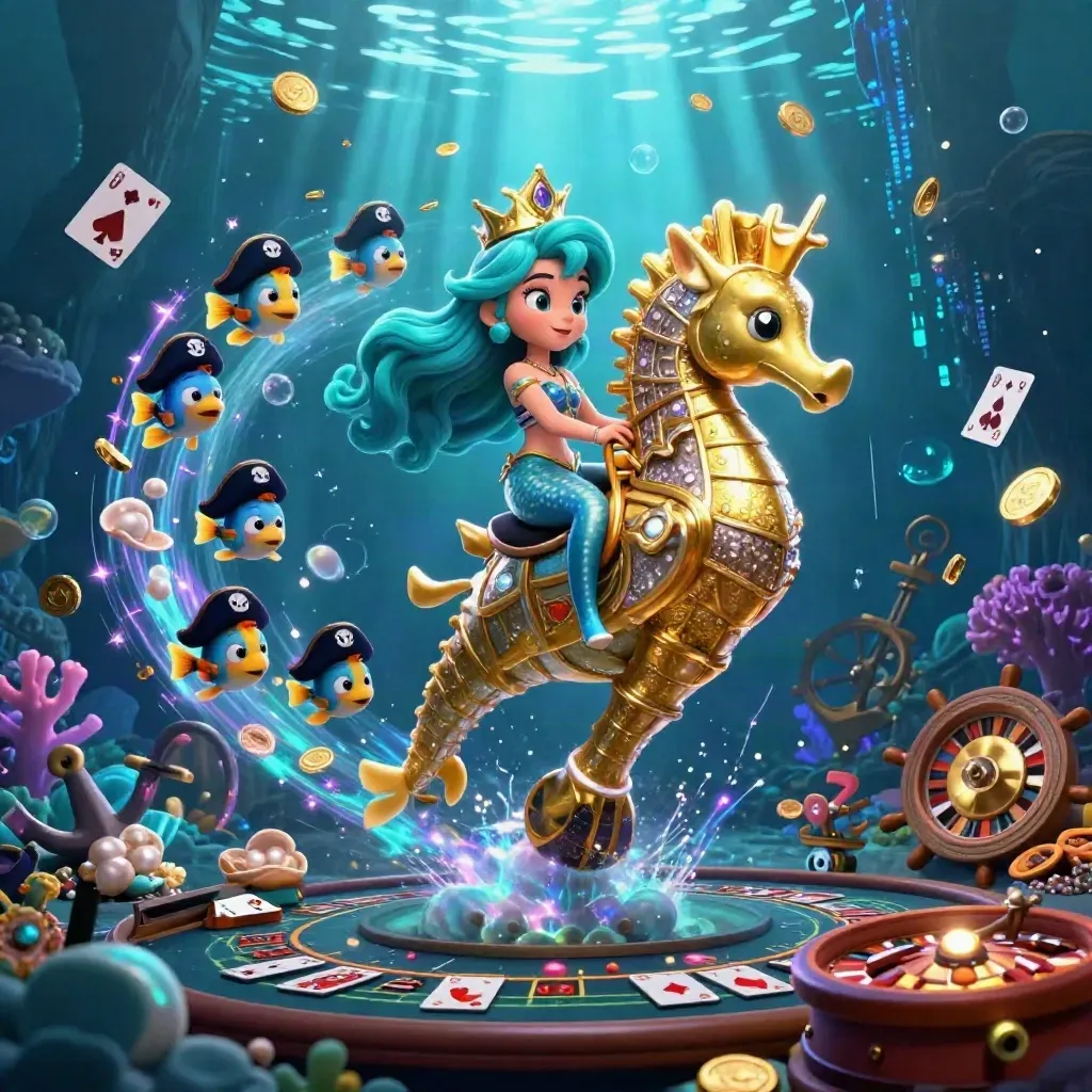 Mermaid princess rides a golden seahorse in a neon underwater casino treasure cove