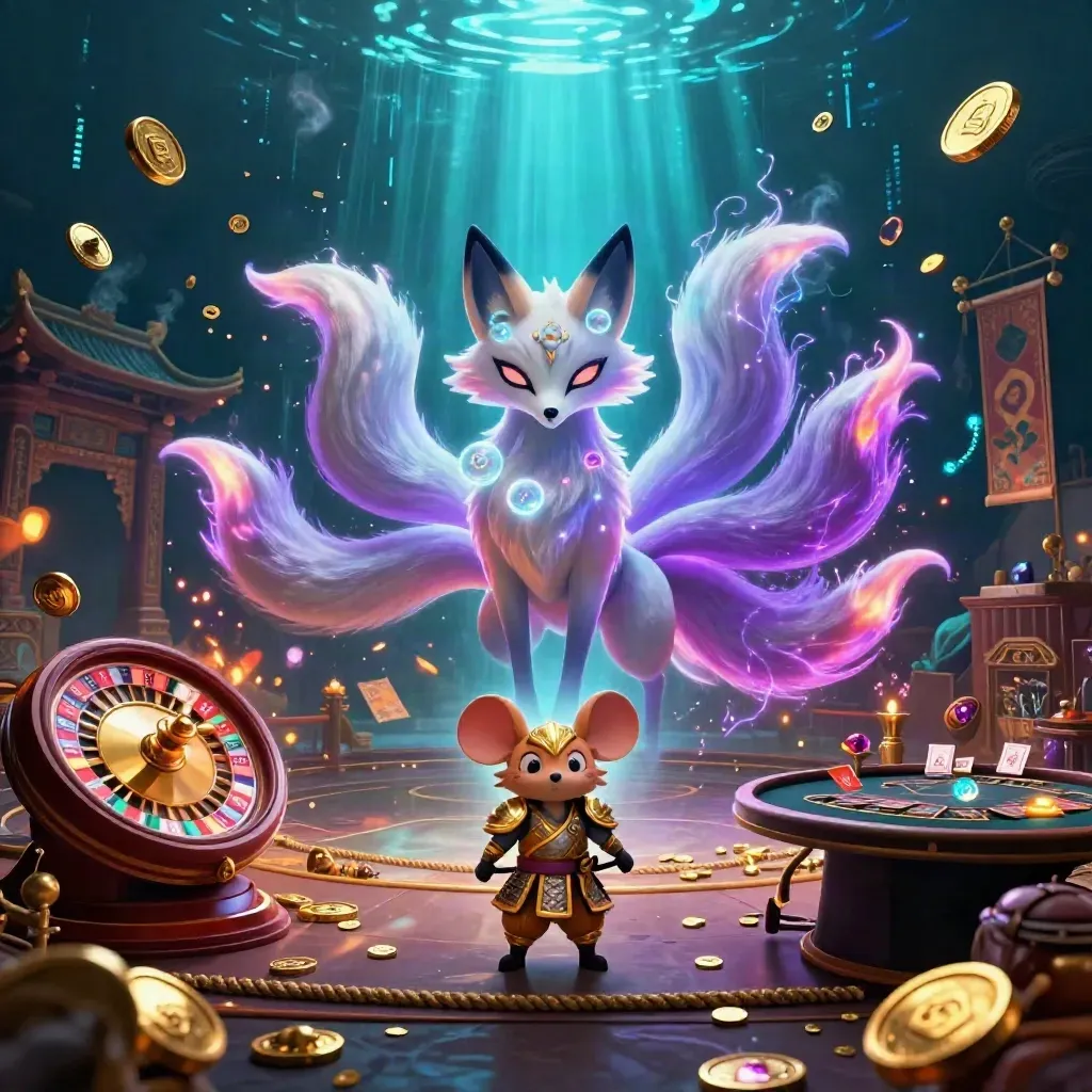Neon fox spirit and armored mouse in a glowing casino-temple scene with gold and neon effects