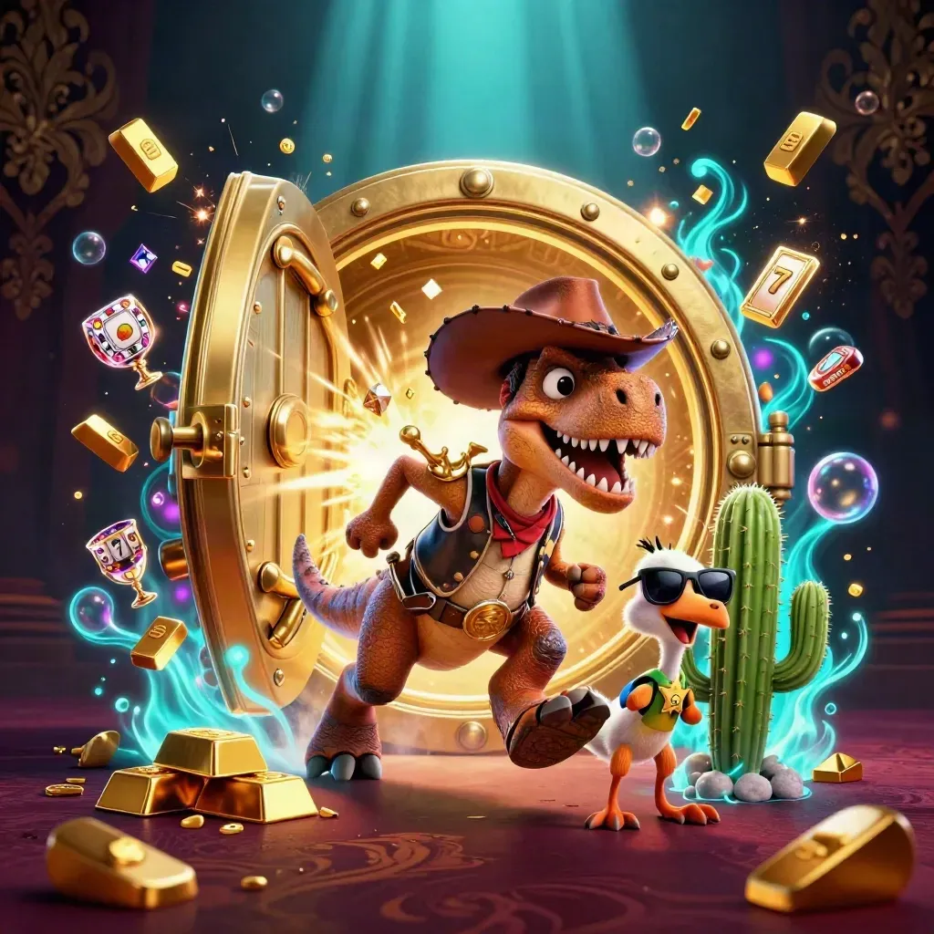 Cowboy T-Rex, cactus sidekick, and sheriff roadrunner burst from a glowing treasure vault with gems and gold.