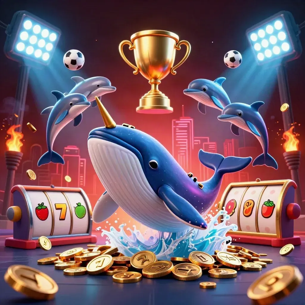 Captain whale and narwhal burst through coins with neon casino chaos, balls, trophy, and floodlights