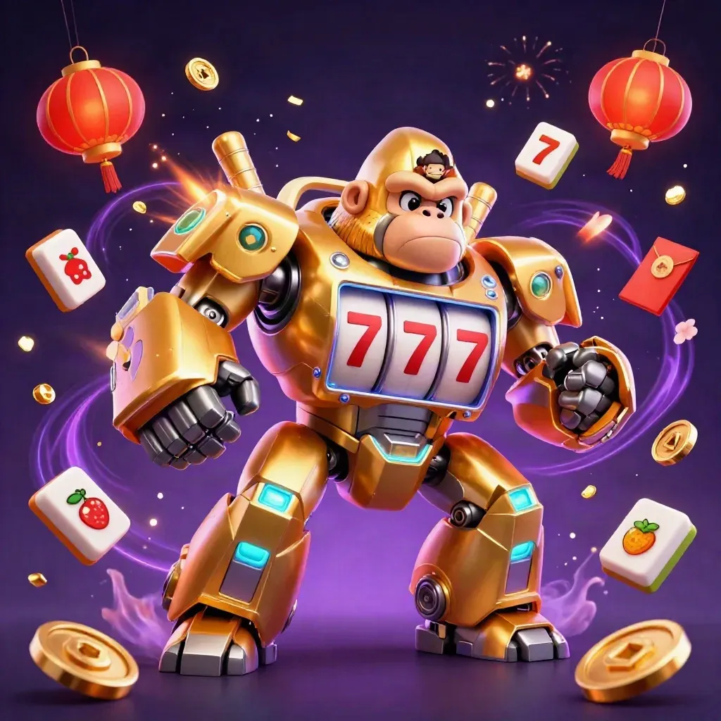 Golden gorilla mech with tiny pilot blasts through neon casino treasure in a purple starfield.