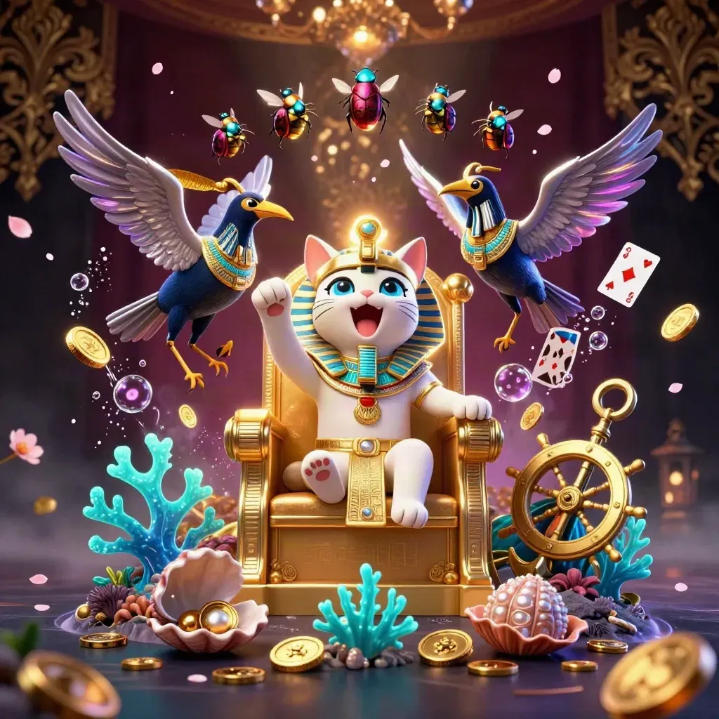 Pharaoh cat and ibis amid treasure, coins, coral, and glowing cyan casino magic.
