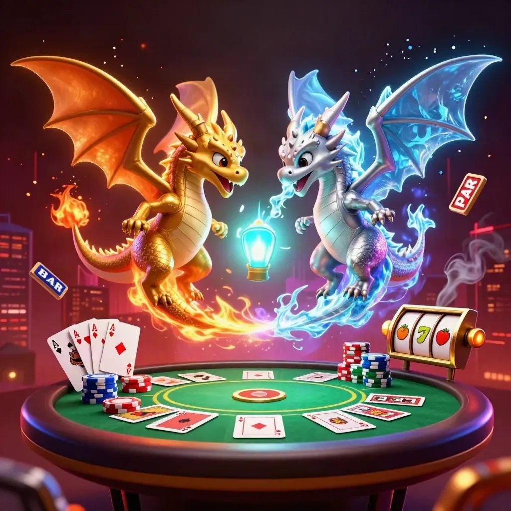 Twin gold and silver dragons clash in neon casino chaos with chips, cards and slot symbols.