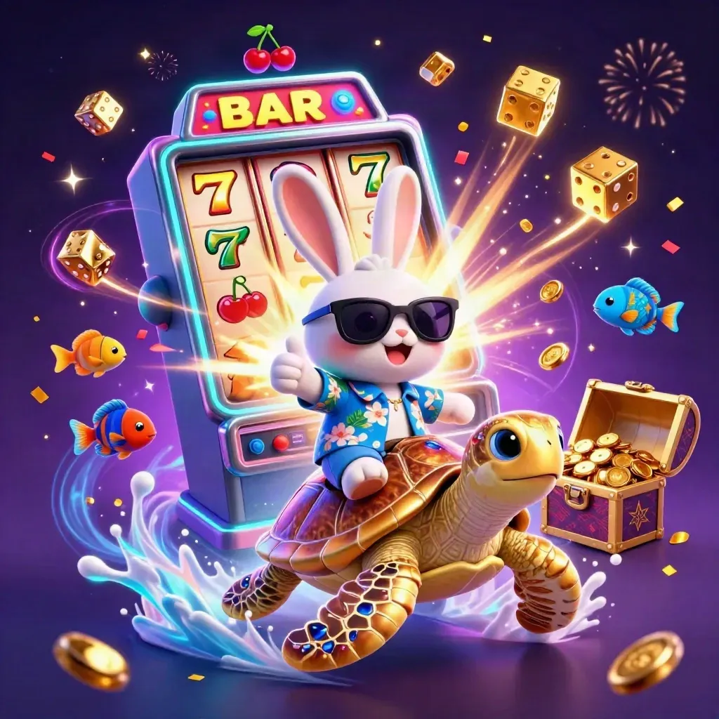 Lucky rabbit rides a jeweled sea turtle amid jackpot bursts, dice, confetti, and neon casino magic.